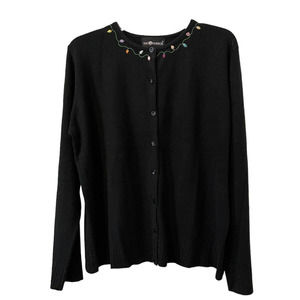Sag Harbor Womens Cardigan Button Front Hand Embroidery Long Sleeve Black Large